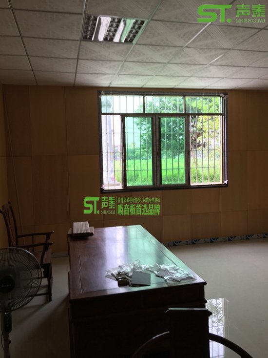 办公洽谈室木饰面吸音板与PU装饰板安装效果图